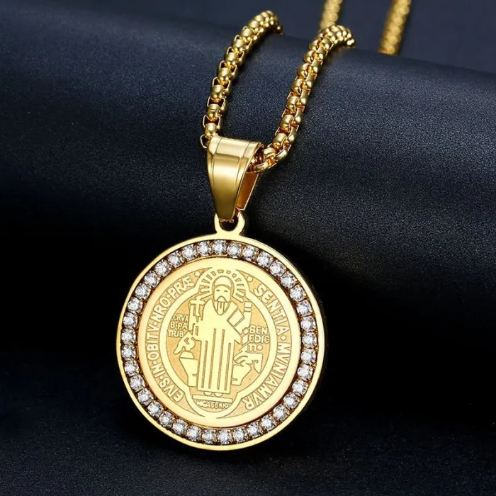 Wholesale Gold Plated Titanium Steel St. Benedict Pendant Necklace with Cubic Zirconia – Hip Hop Religious Jewelry Bulk Supplier Factory Price