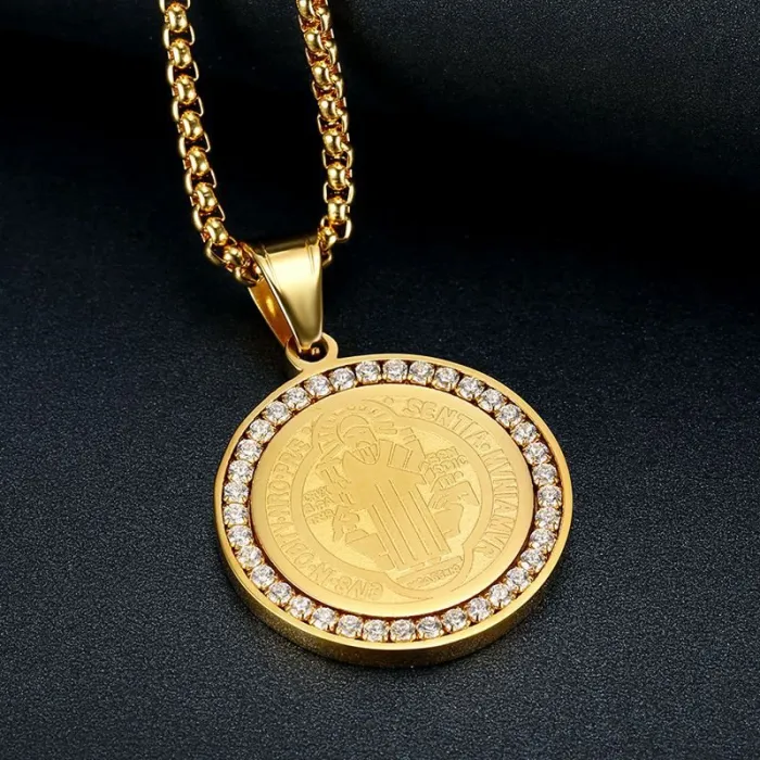 Wholesale Gold Plated Titanium Steel St. Benedict Pendant Necklace with Cubic Zirconia – Hip Hop Religious Jewelry Bulk Supplier Factory Price