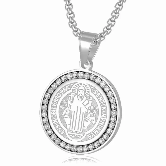 Wholesale Gold Plated Titanium Steel St. Benedict Pendant Necklace with Cubic Zirconia – Hip Hop Religious Jewelry Bulk Supplier Factory Price