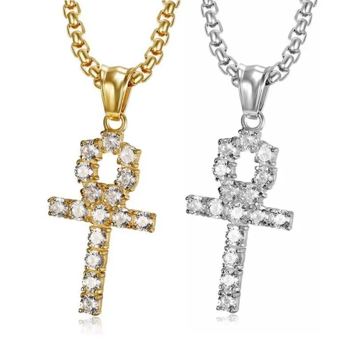 Wholesale Gold Plated Titanium Steel Ankh Cross Pendant Necklace with Cubic Zirconia – Hip Hop Jewelry Bulk Supplier Factory Price