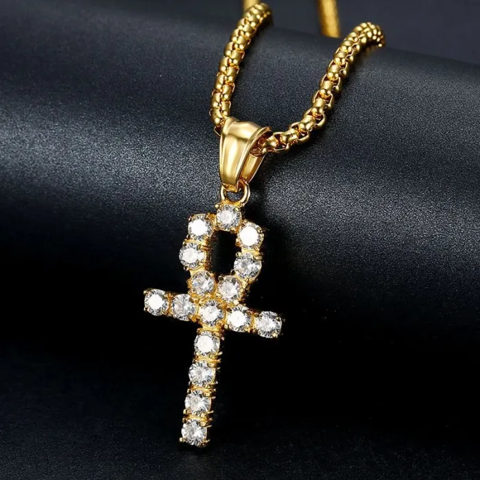 Wholesale Gold Plated Titanium Steel Ankh Cross Pendant Necklace with Cubic Zirconia – Hip Hop Jewelry Bulk Supplier Factory Price