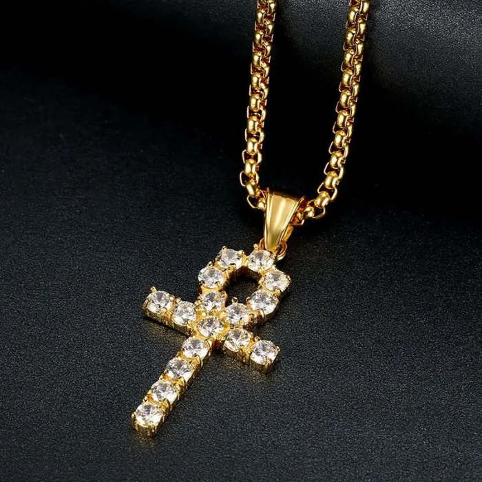 Wholesale Gold Plated Titanium Steel Ankh Cross Pendant Necklace with Cubic Zirconia – Hip Hop Jewelry Bulk Supplier Factory Price