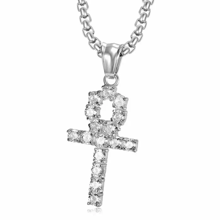 Wholesale Gold Plated Titanium Steel Ankh Cross Pendant Necklace with Cubic Zirconia – Hip Hop Jewelry Bulk Supplier Factory Price