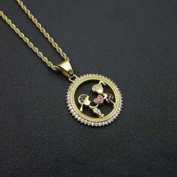 Wholesale Gold Plated Titanium Steel Boy and Girl Couple Pendant Necklace with Colorful Rhinestones – Hip Hop Jewelry Bulk Supplier Factory Price
