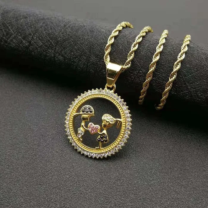 Wholesale Gold Plated Titanium Steel Boy and Girl Couple Pendant Necklace with Colorful Rhinestones – Hip Hop Jewelry Bulk Supplier Factory Price