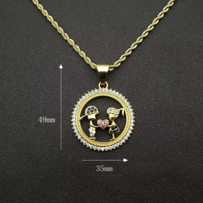 Wholesale Gold Plated Titanium Steel Boy and Girl Couple Pendant Necklace with Colorful Rhinestones – Hip Hop Jewelry Bulk Supplier Factory Price