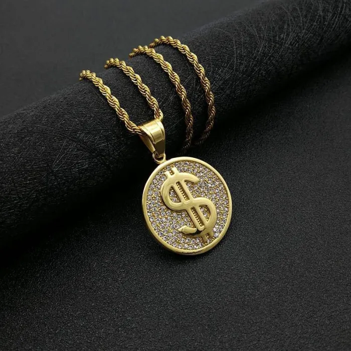 Wholesale Gold Plated Titanium Steel Dollar Sign Pendant Necklace – Hip Hop Iced Out Jewelry Bulk Supplier Factory Price