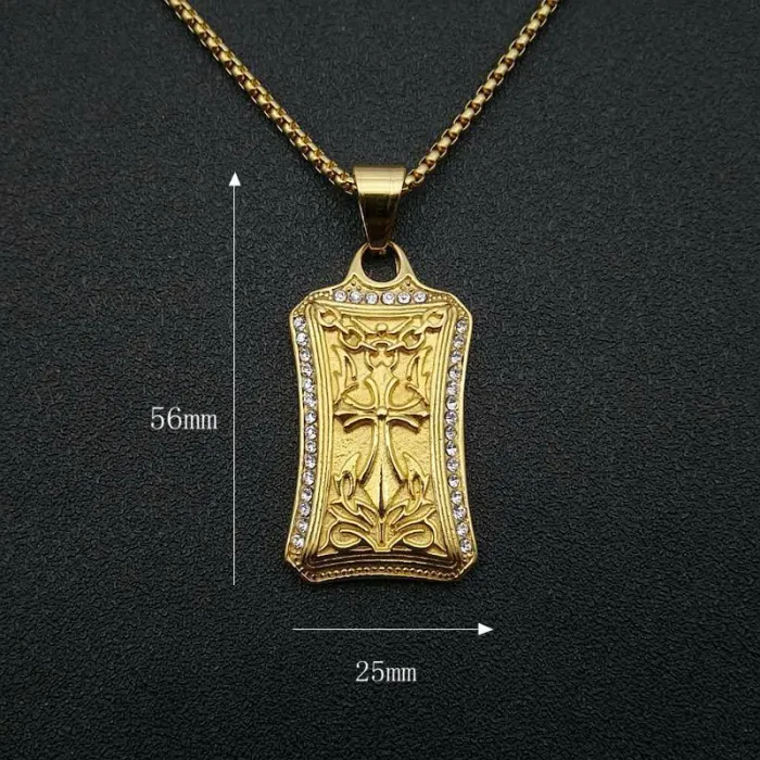 Wholesale Gold Plated Titanium & Stainless Steel Cross Rectangle Pendant Necklace – Hip Hop Iced Out Jewelry Bulk Supplier Factory Price