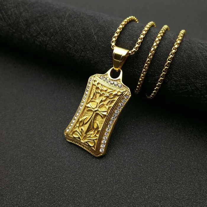 Wholesale Gold Plated Titanium & Stainless Steel Cross Rectangle Pendant Necklace – Hip Hop Iced Out Jewelry Bulk Supplier Factory Price
