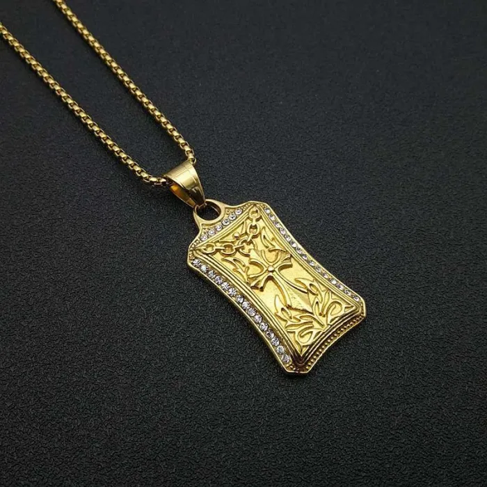 Wholesale Gold Plated Titanium & Stainless Steel Cross Rectangle Pendant Necklace – Hip Hop Iced Out Jewelry Bulk Supplier Factory Price