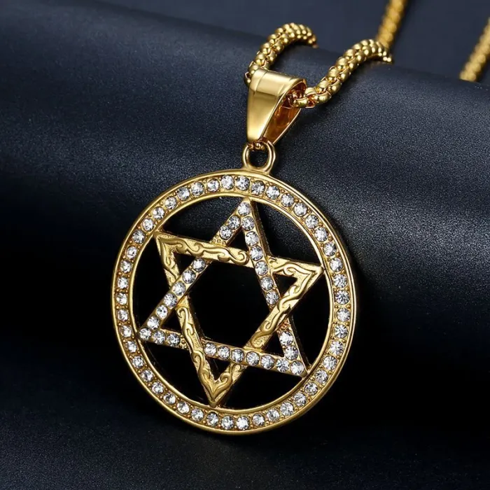 Wholesale Gold Plated Titanium Steel Star of David Round Pendant Necklace – Hip Hop Iced Out Jewelry Bulk Supplier Factory Price
