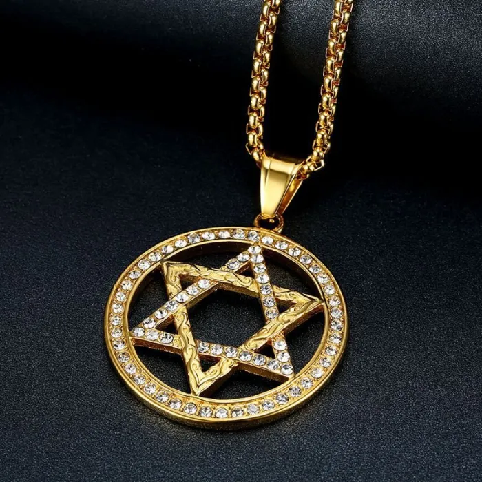 Wholesale Gold Plated Titanium Steel Star of David Round Pendant Necklace – Hip Hop Iced Out Jewelry Bulk Supplier Factory Price