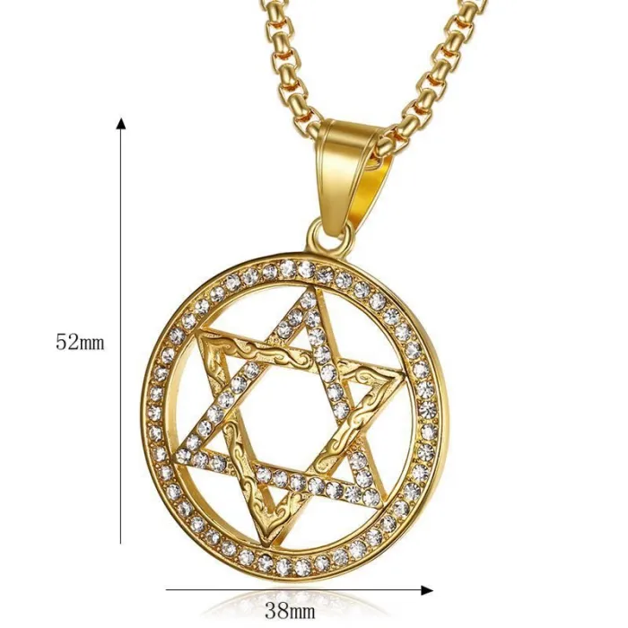 Wholesale Gold Plated Titanium Steel Star of David Round Pendant Necklace – Hip Hop Iced Out Jewelry Bulk Supplier Factory Price