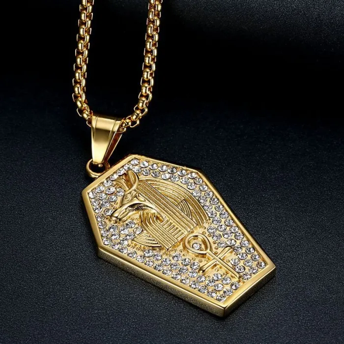 Wholesale Gold Plated Titanium Steel Anubis Wolf Head Pendant Necklace – Egyptian Hip Hop Iced Out Jewelry Bulk Supplier Factory Price