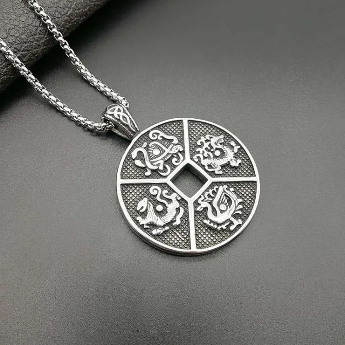 Wholesale Polished Titanium Steel Four Symbols Pendant Necklace – Vintage Punk Oriental Jewelry Bulk Supplier Factory Price