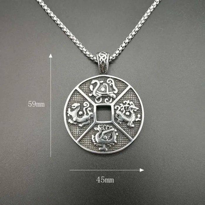 Wholesale Polished Titanium Steel Four Symbols Pendant Necklace – Vintage Punk Oriental Jewelry Bulk Supplier Factory Price