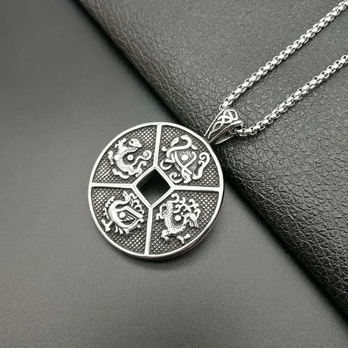Wholesale Polished Titanium Steel Four Symbols Pendant Necklace – Vintage Punk Oriental Jewelry Bulk Supplier Factory Price